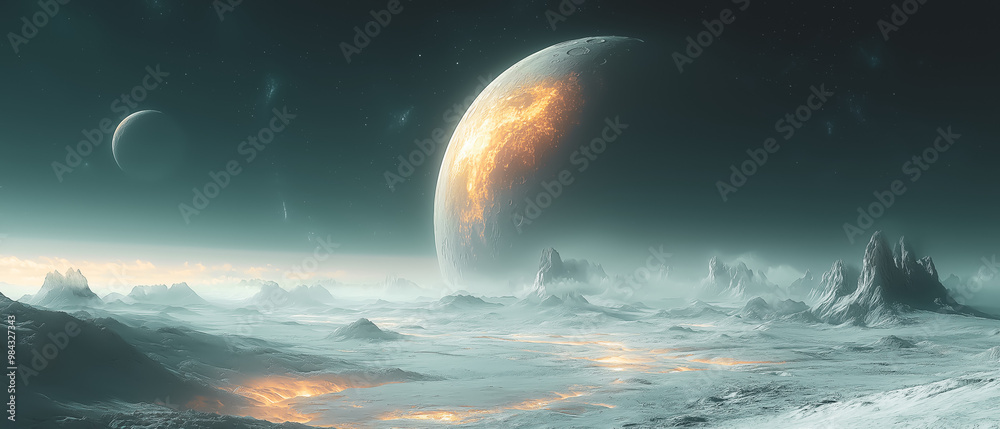 A cinematic view of a surreal landscape with giant moons hovering in the sky, casting an ethereal glow over the alien terrain below.