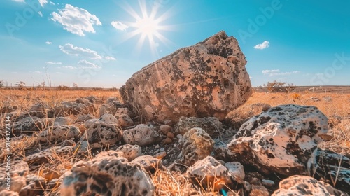 Desert landscape with large rocks and boulders under bright blue sunny sky