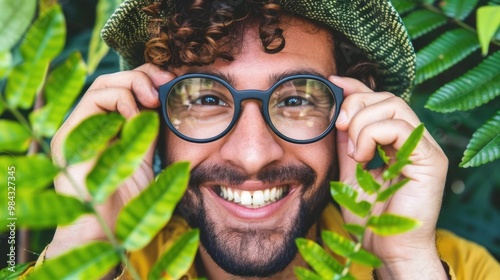 Happy bearded man with glasses smiling in tropical jungle with green plants