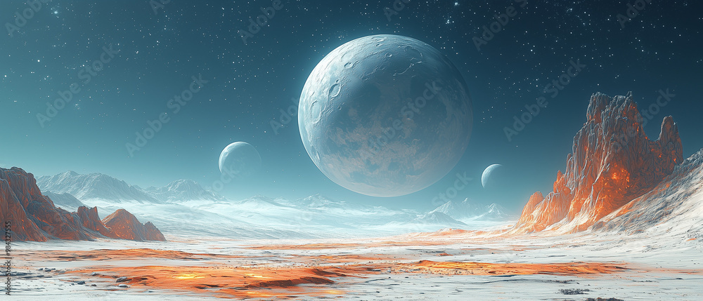A cinematic view of a surreal landscape with giant moons hovering in the sky, casting an ethereal glow over the alien terrain below.