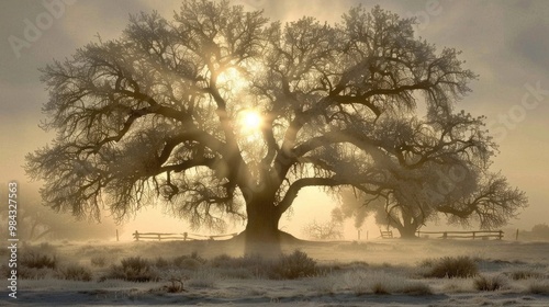 Large old oak tree with spreading branches in golden sunrise morning light