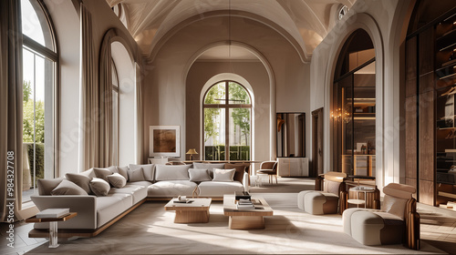 The interior of an ancient Italian Modern Residence with Gothic arches, stone columns, and a high vaulted ceiling, showcasing a beautifully preserved religious space photo