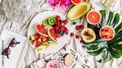 Tropical fruit platter with sunglasses and palm leaves on white beach background