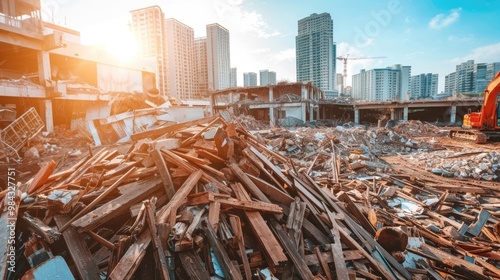 Construction site debris and rubble scattered with city skyline buildings background