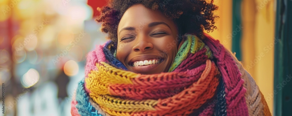 A smiling woman with a colorful scarf poses against a winter scene, exuding warmth and happiness. A smiling woman with a colorful scarf poses against a winter scene, exuding warmth and happiness.