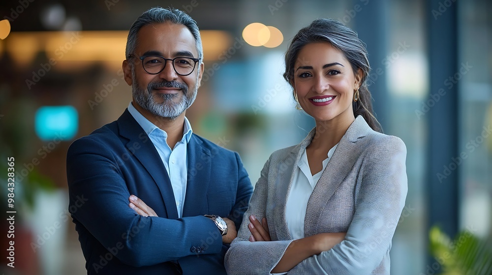 Portrait of smiling mature Latin or Indian business man and European business woman standing arms crossed in office Two diverse colleagues group team of confident professional business : Generative AI Portrait of smiling mature Latin or Indian business man and European business woman standing arms crossed in office Two diverse colleagues group team of confident professional business : Generative AI