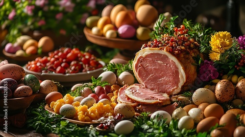 Easter traditional food with ham eggs and bread Holidays background Easter table with all sorts of delicious delicatessen ready for an Easter meal : Generative AI photo