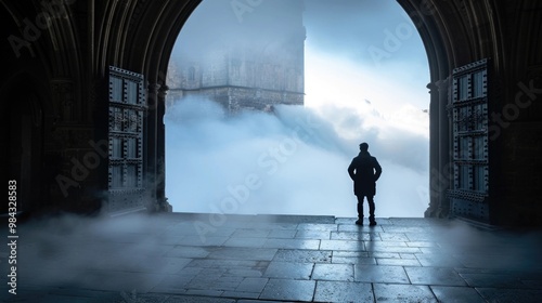 Silhouette of person standing in bright archway entrance looking outside