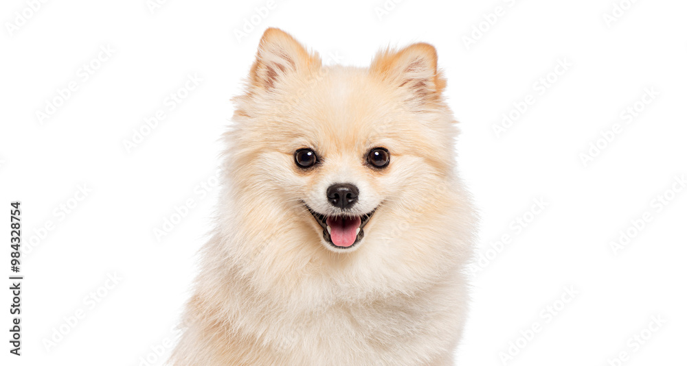 Head shot of Happy pomeranian dog panting on white background Head shot of Happy pomeranian dog panting on white background