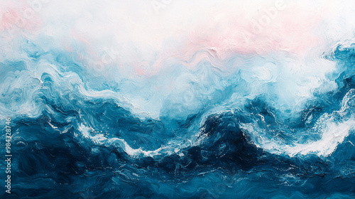 A beautiful abstract ocean wave painting with rich blues and soft pastel highlights, perfect for calming wall decor.