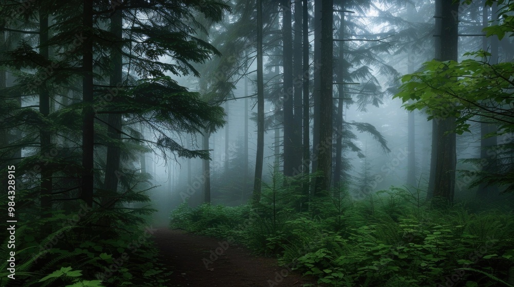 Fototapeta premium Dense Misty Forest with Tall Trees and Green Fog Mysterious Nature Scene