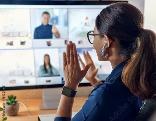 Una persona sorda participando en una videollamada de trabajo, utilizando lenguaje de señas mientras se comunica con su equipo.