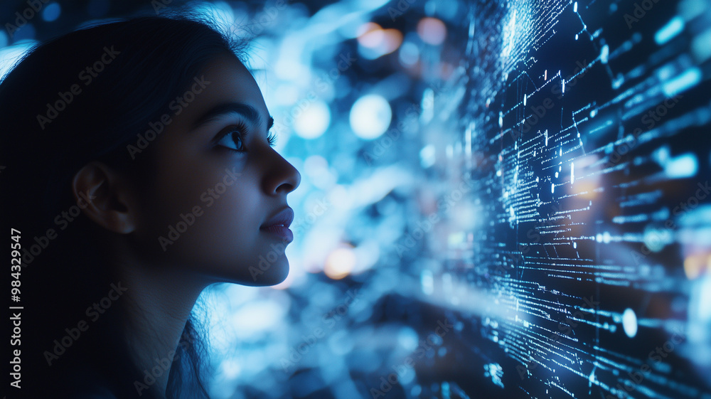 Indian American school girl learning coding, it classes, education. Big data, augmented, virtual reality, machine learning AI concept. Young scientist, data safety blue orange purple hologram. Indian American school girl learning coding, it classes, education. Big data, augmented, virtual reality, machine learning AI concept. Young scientist, data safety blue orange purple hologram.