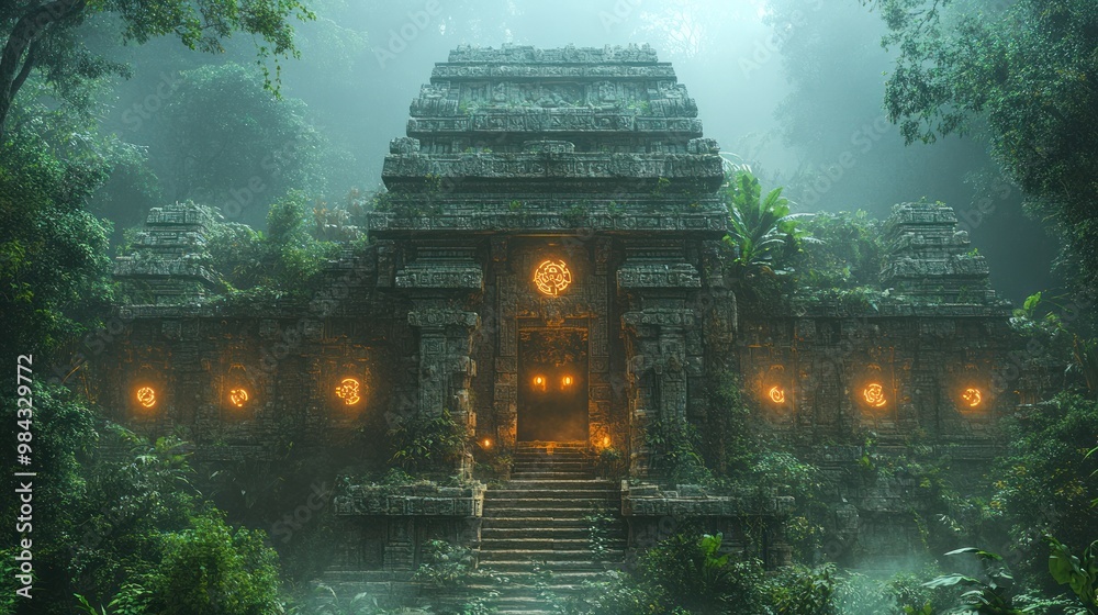 Ancient temple surrounded by lush jungle, illuminated by soft light. Ancient temple surrounded by lush jungle, illuminated by soft light.