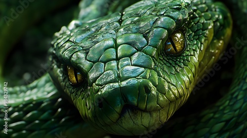 Close-up of a Green Snake with Intense Eyes