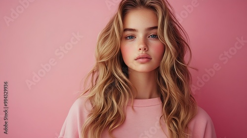 Wallpaper Mural Modern youth feminine style Beautiful girl fashion model with long wavy blond hair posing in a pink sweatshirt on a pink studio background : Generative AI Torontodigital.ca