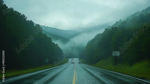 Moorefield West Virginia Allegheny mountains driving with exit sign car point of view on road to Dolly Sods with cars in traffic on highway and overcast cloudy mist fog sky weather : Generative AI photo