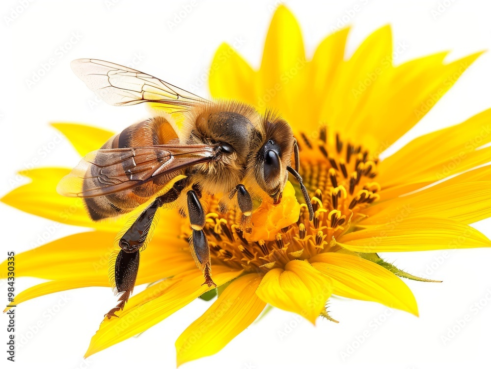 A honeybee on a white daffodil, drawing nectar on a white background A honeybee on a white daffodil, drawing nectar on a white background