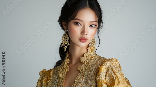 A fashionable Filipino woman showcases a luxurious gold Filipiniana dress exuding charm and cultural pride against a simple white background : Generative AI photo