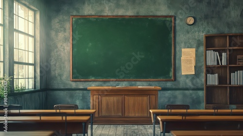 Classic Classroom Setting with Green Chalkboard Ideal for Educational and School Related Projects