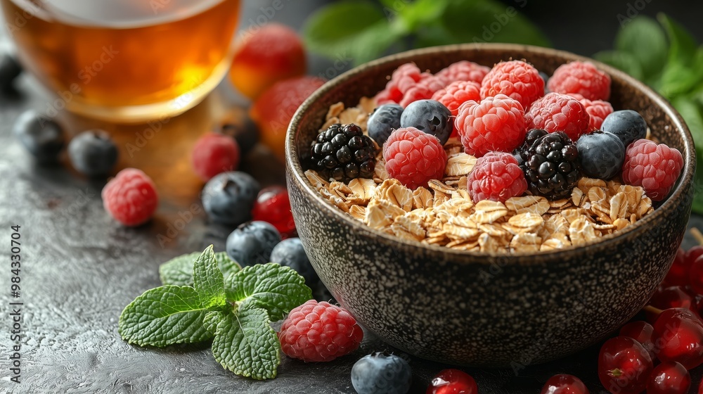 Healthy Oatmeal Bowl with Berries and Mint Leaves Healthy Oatmeal Bowl with Berries and Mint Leaves