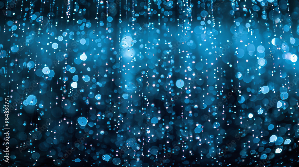 Shiny blue glitter rain draping down on black