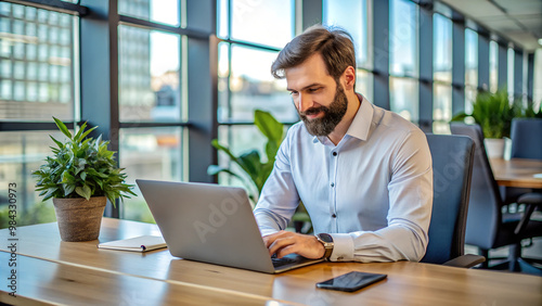 A man working on a laptop in an office with large windows and a plant next to the laptop.