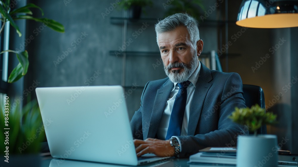 portrait of a mature male CEO working on laptop computer for company management in modern office, an old businessman working online portrait of a mature male CEO working on laptop computer for company management in modern office, an old businessman working online