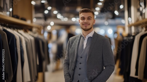 A nicely dressed young man welcomes visitors in a high-end clothing store, surrounded by elegant garments and decorative mirrors