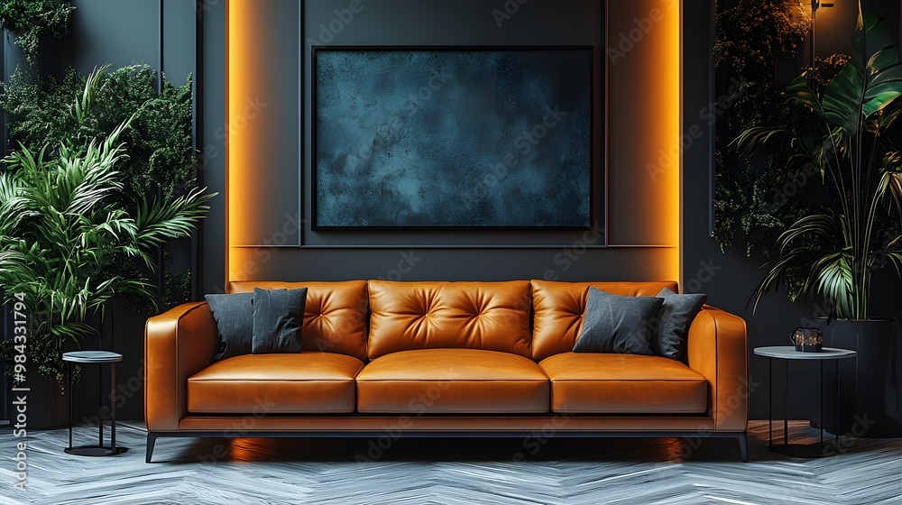 Elegant living space featuring a leather couch, empty wall for decor, modern side tables, and soft lighting Elegant living space featuring a leather couch, empty wall for decor, modern side tables, and soft lighting