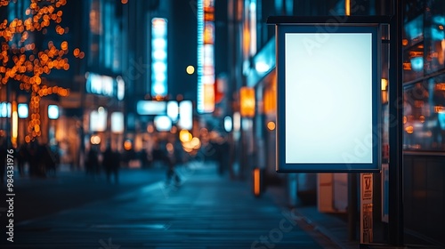 Blank city format Billboard LightPoster CityLight banner pylon in in the city center mockup at night Blurred background copy space : Generative AI photo