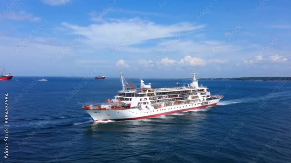 A passenger ferry navigating through the sea on a voyage. A passenger ferry navigating through the sea on a voyage.