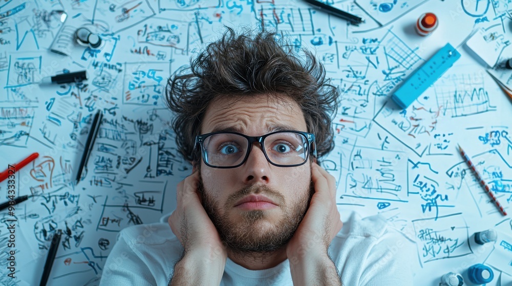 Overwhelmed Student Surrounded by Study Notes and Tools Overwhelmed Student Surrounded by Study Notes and Tools