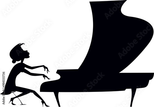 Woman plays piano and sings.
Young woman playing music on piano and singing. Black and white illustration
