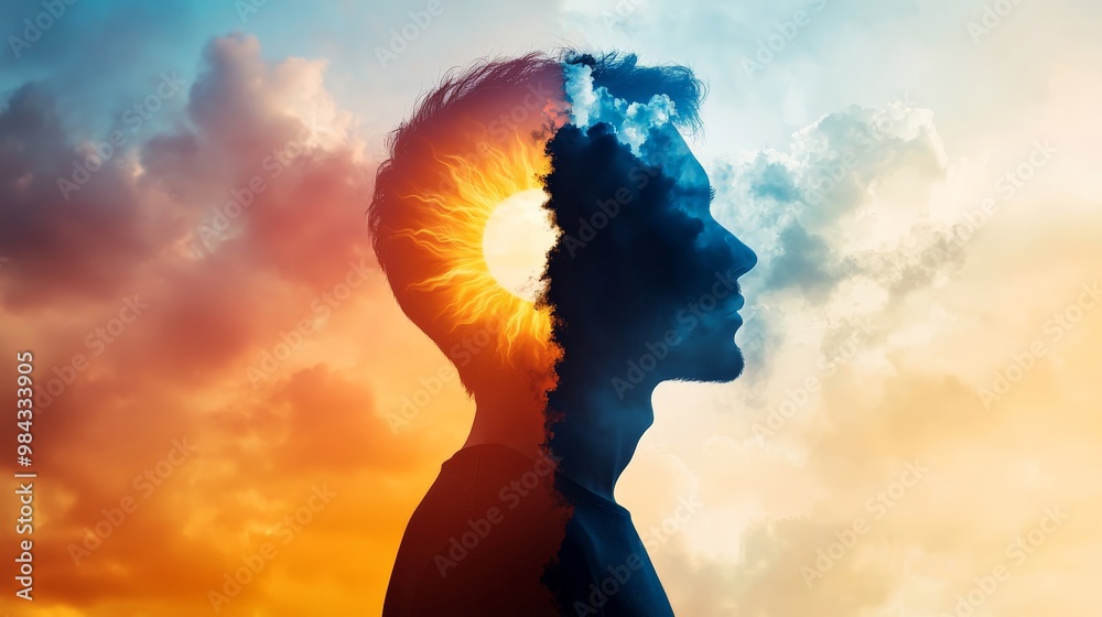 A silhouette of a person with a radiant sun inside their head on one side and a dark cloud on the other, representing positive vs negative mindset A silhouette of a person with a radiant sun inside their head on one side and a dark cloud on the other, representing positive vs negative mindset