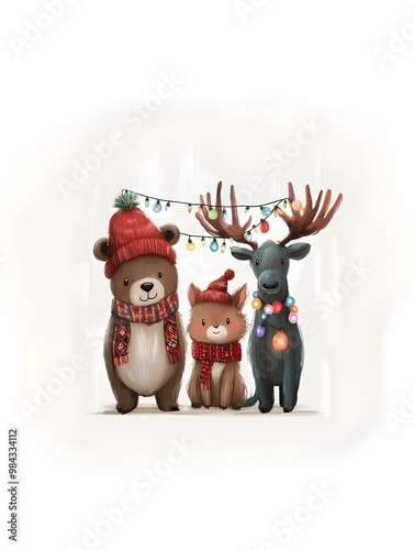 A cheerful Santa Claus with reindeer celebrating Christmas in a winter wonderland, featuring a cute cartoon style with gifts and decorations