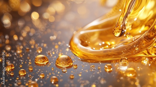 Glimmering Golden Liquid with Droplets and Bokeh Effect