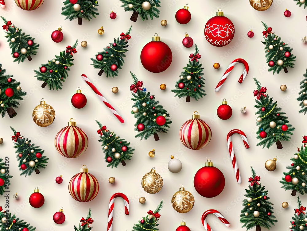 A festive arrangement of Christmas trees, ornaments, and candy canes on a light background, celebrating the holiday spirit. A festive arrangement of Christmas trees, ornaments, and candy canes on a light background, celebrating the holiday spirit.