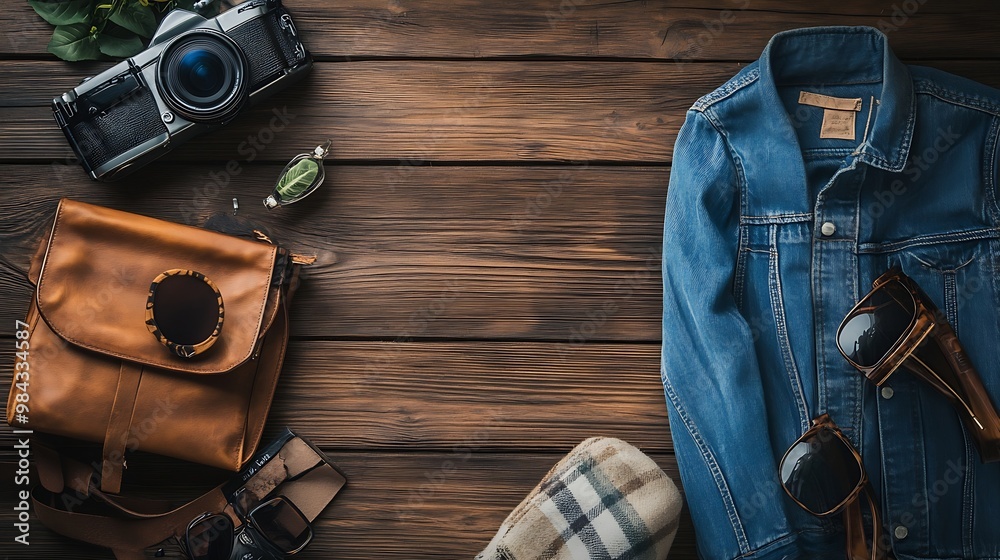 Top view of Fathers Day themed mens fashion items on wooden background : Generative AI Top view of Fathers Day themed mens fashion items on wooden background : Generative AI