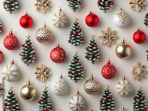 Festive Christmas decorations including colorful ornaments and miniature trees arranged in a visually striking pattern.