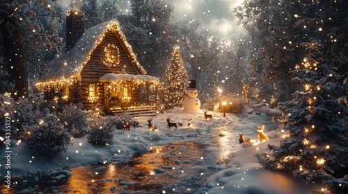 A cozy woodland Christmas scene deep in an enchanted forest