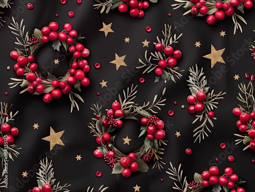 A festive black fabric pattern featuring red berries, wreaths, and golden stars, perfect for Christmas-themed decor and holiday designs. photo