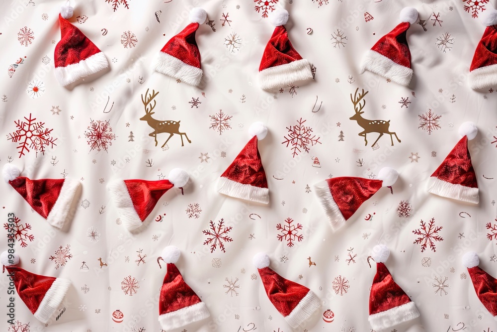 A festive arrangement featuring Santa hats, golden reindeer, and snowflakes on a cheerful background. A festive arrangement featuring Santa hats, golden reindeer, and snowflakes on a cheerful background.