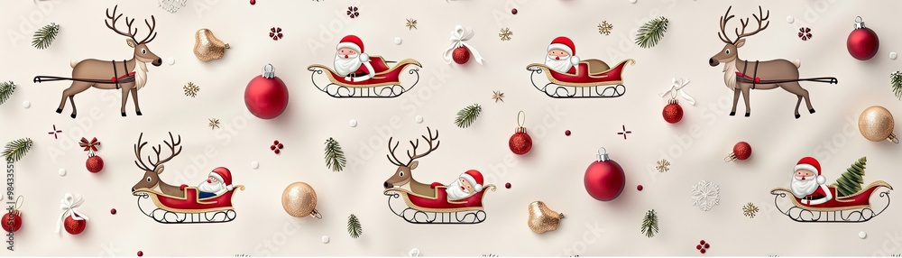 A festive pattern featuring Santa, reindeer, and colorful ornaments, perfect for holiday-themed designs and seasonal decor.