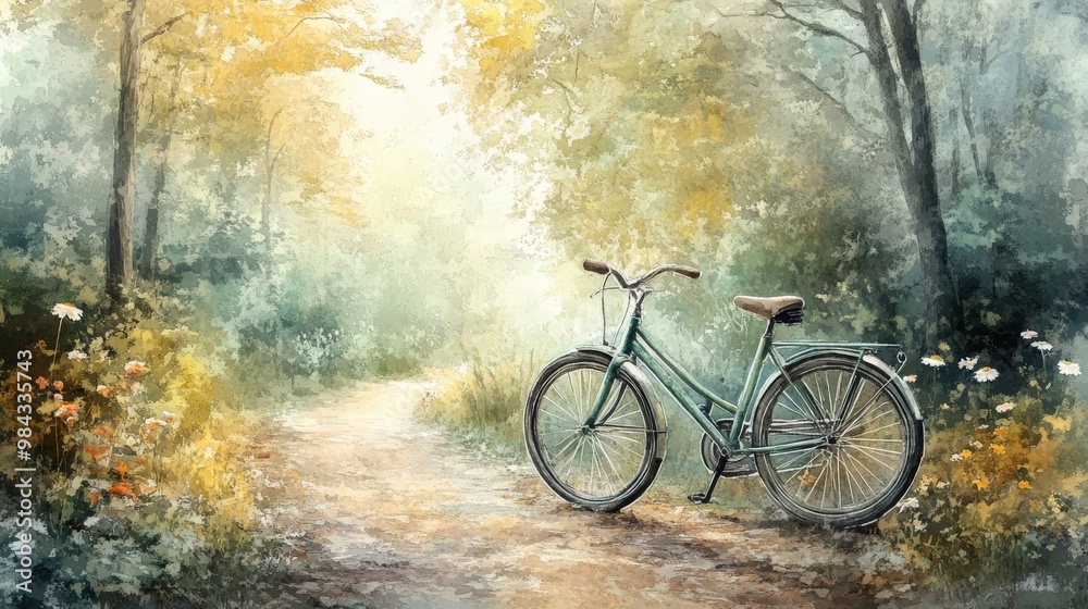 Green bicycle on serene forest path with flowers and trees around Green bicycle on serene forest path with flowers and trees around