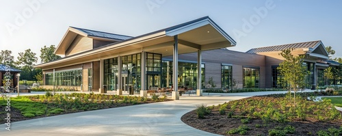 A suburban community center with James Hardie siding, featuring multipurpose rooms and outdoor spaces for events and gatherings, designed to serve as a hub for local activities photo