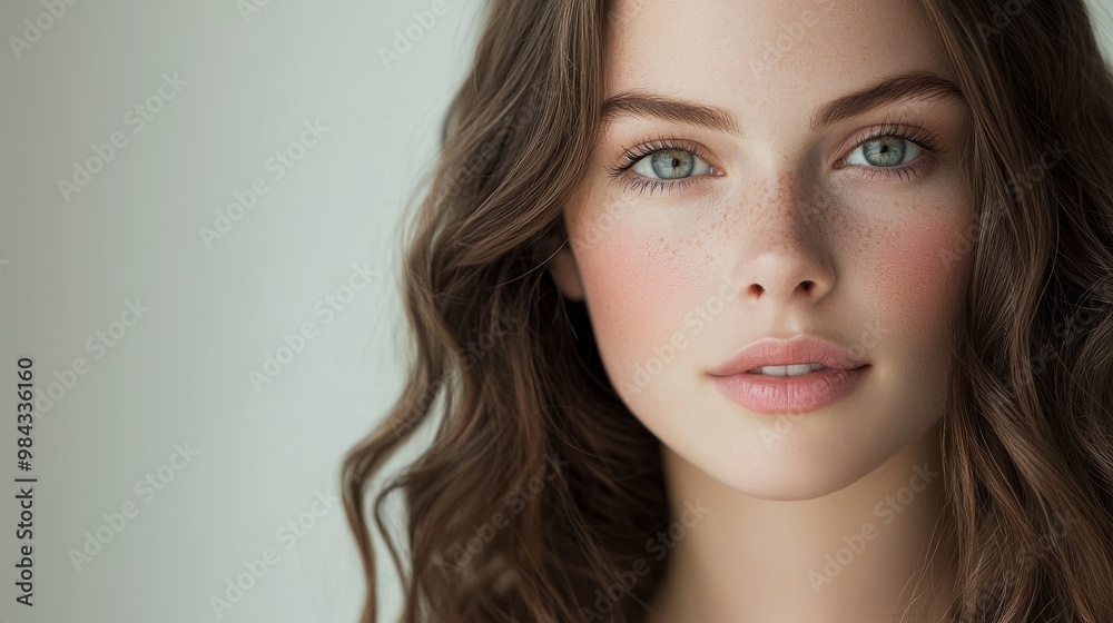 Fototapeta premium A clean beauty headshot with soft lighting, focusing on flawless skin and simple makeup, for a fresh and modern look
