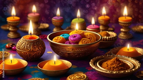 Diwali sweets,with intricate details and vibrant colors. The background can be a digital painting of a Diwali scene or a simple, modern design