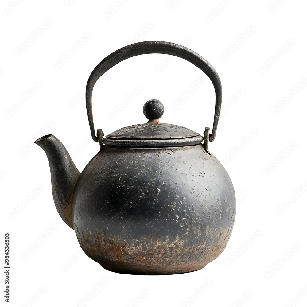 Antique Ceramic Tea Kettle on White Background with Rustic Design Antique Ceramic Tea Kettle on White Background with Rustic Design