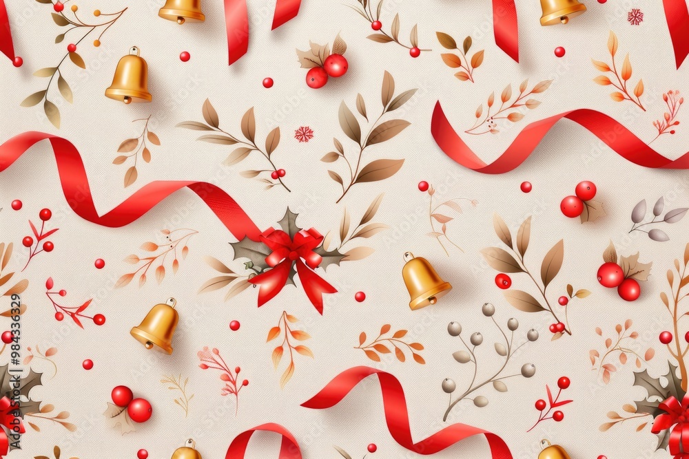 A festive pattern featuring red ribbons, golden bells, berries, and leaves, perfect for holiday wrapping and decorations. A festive pattern featuring red ribbons, golden bells, berries, and leaves, perfect for holiday wrapping and decorations.
